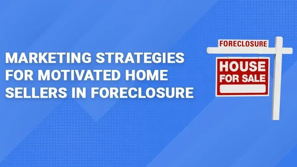 A blue background with a foreclosure sign and a house for sale sign