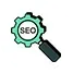 A magnifying glass with a gear and the word seo on it.