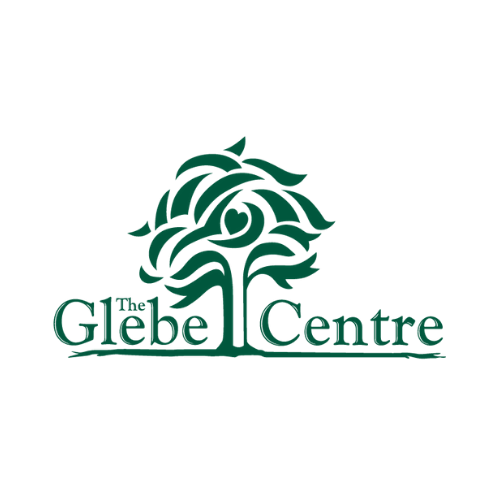 A logo for the glebe centre with a tree in the middle.
