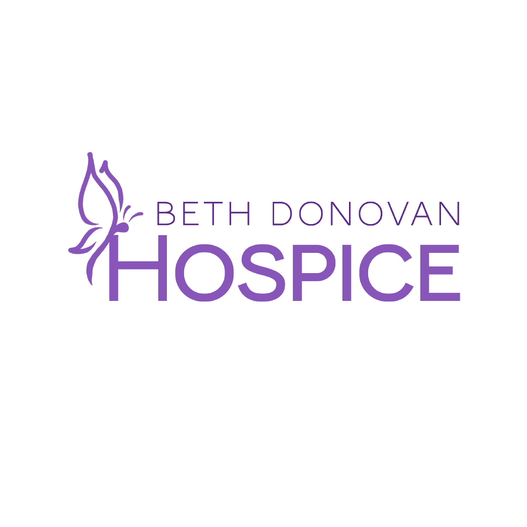 The logo for beth donovan hospice is purple and has a butterfly on it.