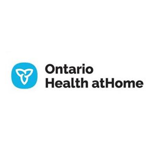 The ontario health at home logo is a blue circle with a heart in it.