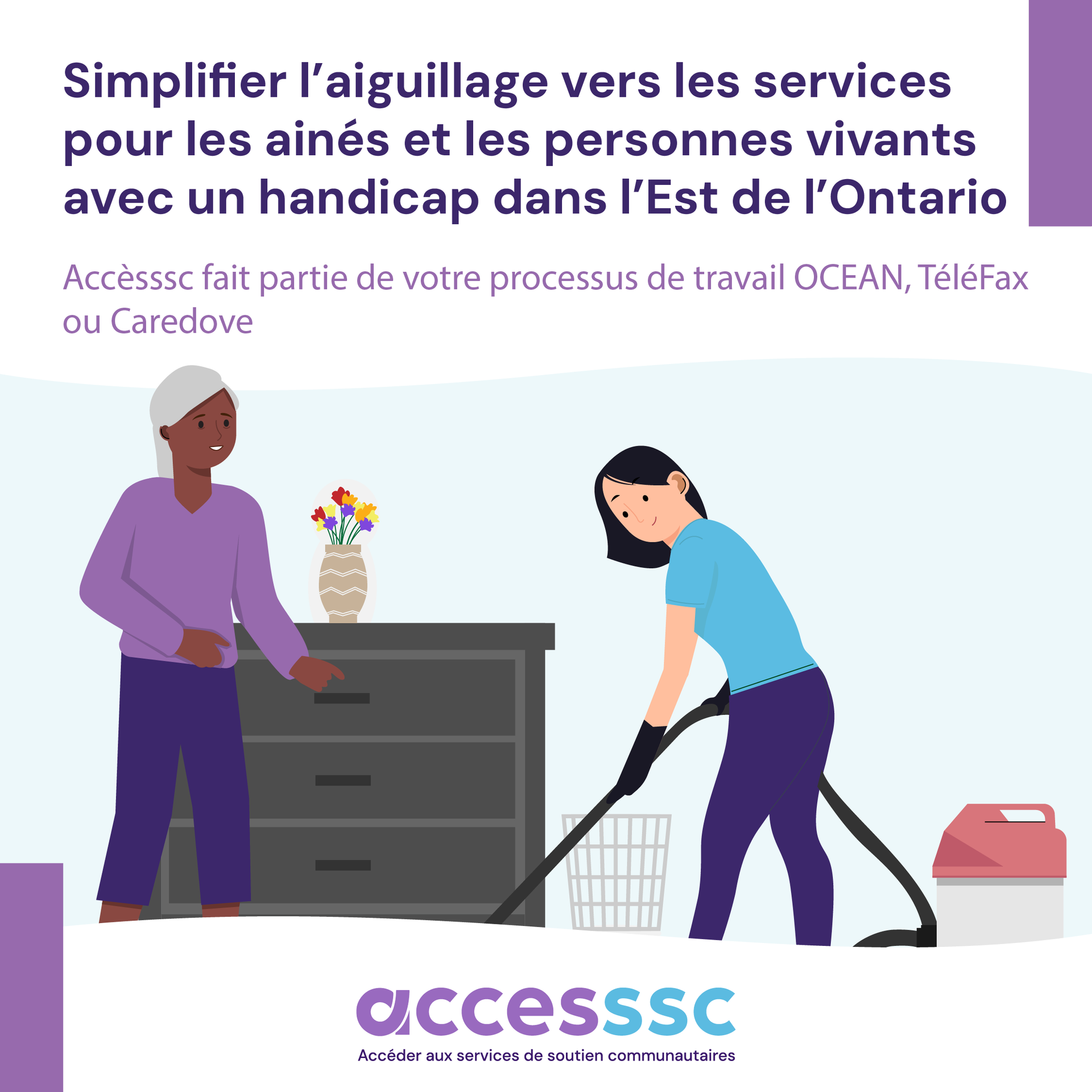 Une femme passe l'aspirateur tandis qu'une autre femme se tient à côté d'une commode.