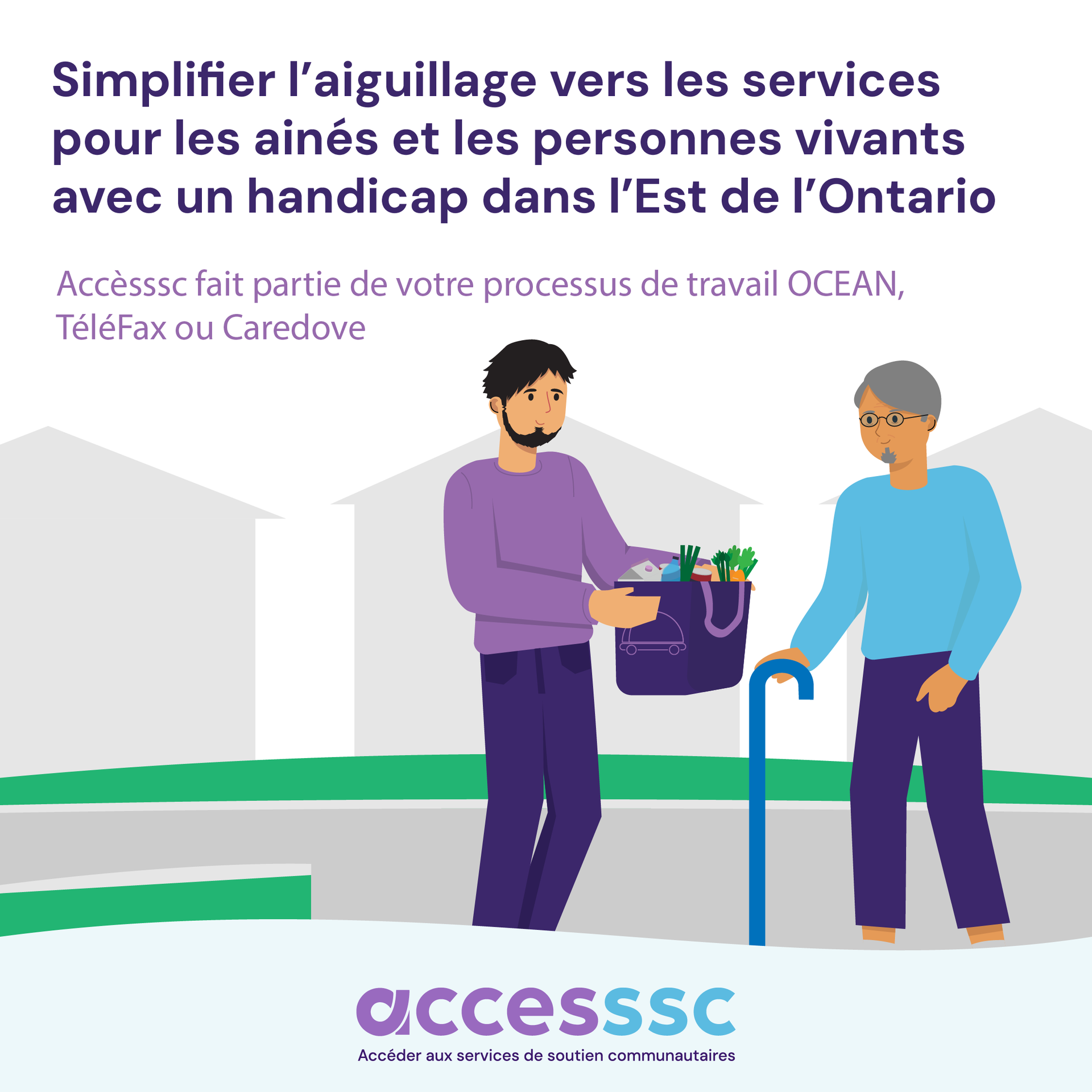 Un homme donne un sac de nourriture à une femme âgée avec une canne.