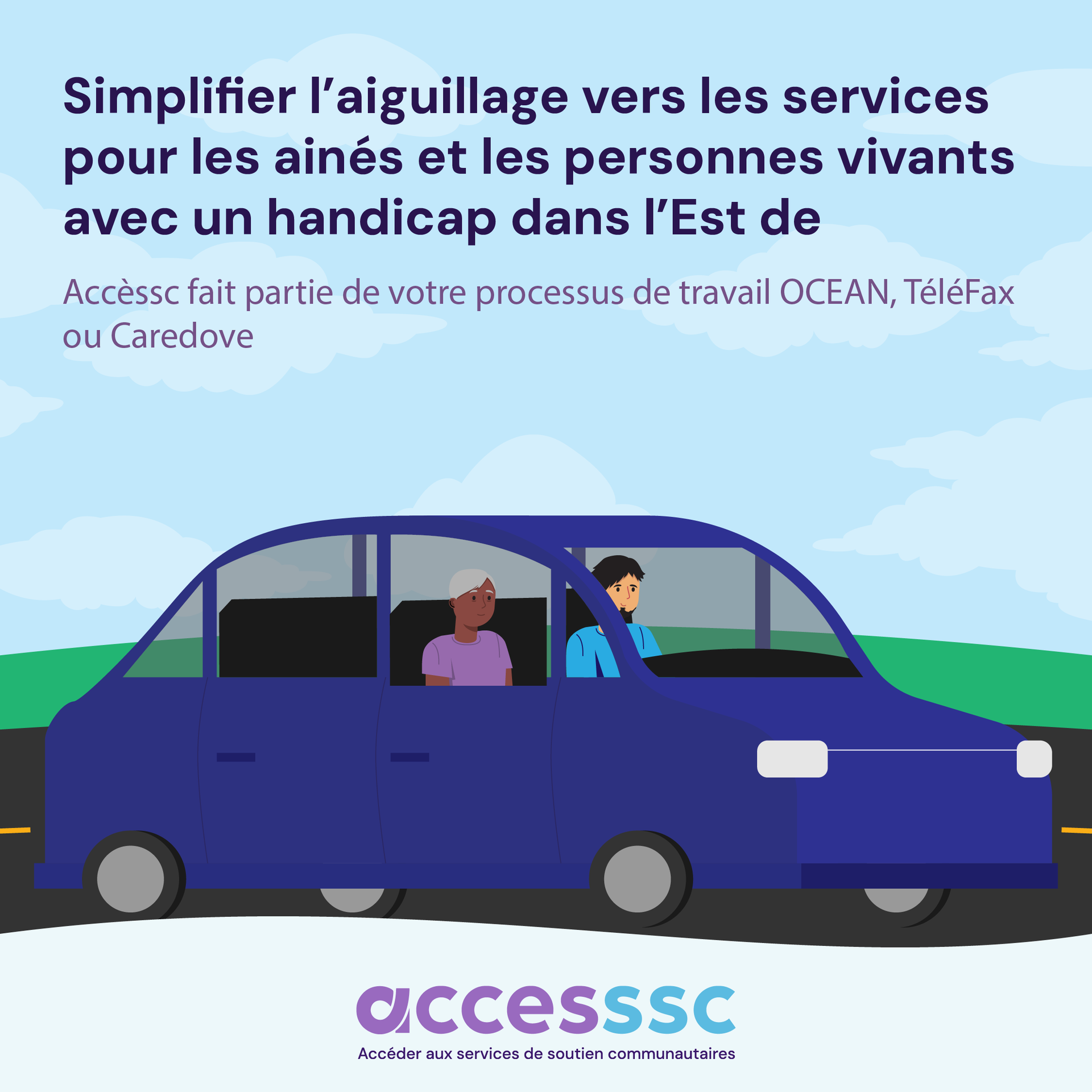 Un homme et une femme conduisent une voiture bleue.