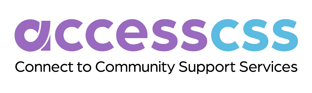 The accesscss logo is purple and blue and says connect to community support services.