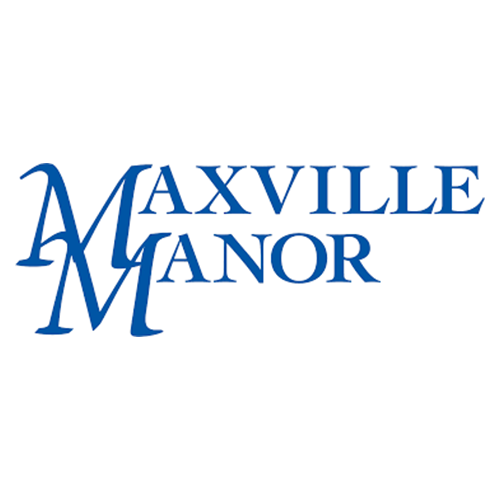 A blue logo for maxville manor on a white background