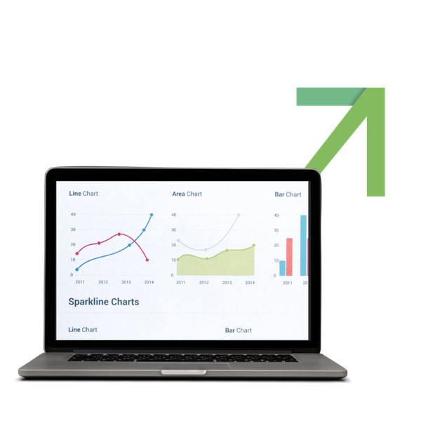 Ordinateur portable avec des cartes, flèche verte pointant vers le haut.
