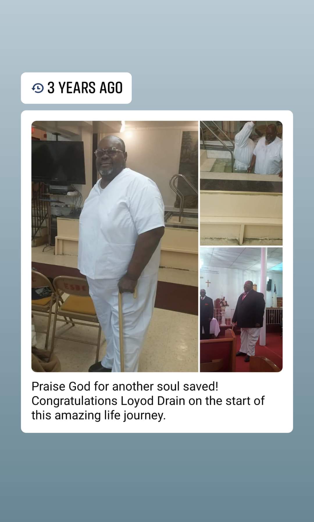 a man is standing in a church with a cane .