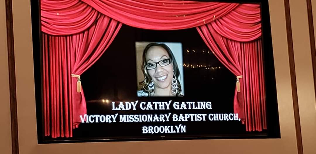 a picture of lady cathy gatling is on a screen
