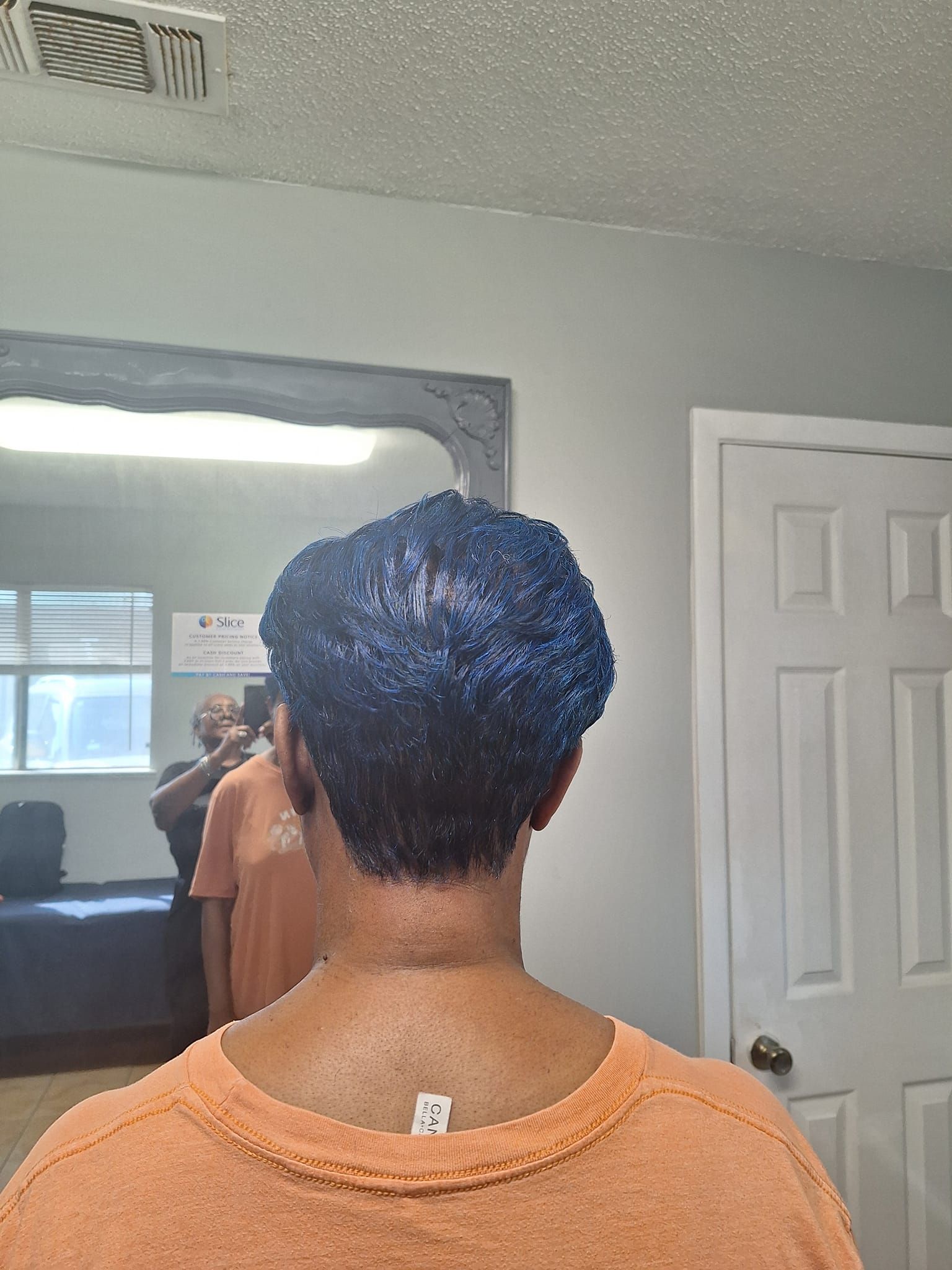 Person with dark blue-tinted hair, viewed from behind. They wear an orange shirt, with a mirror in the background.