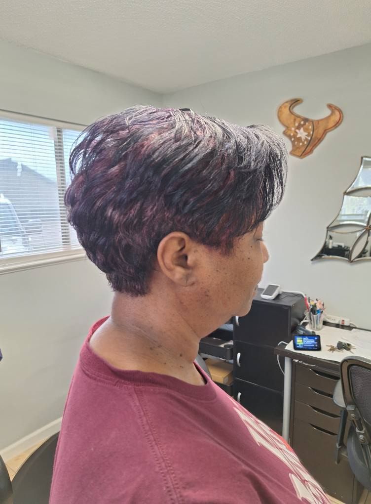 Woman with short, layered, dark purple and gray hair; inside a salon.