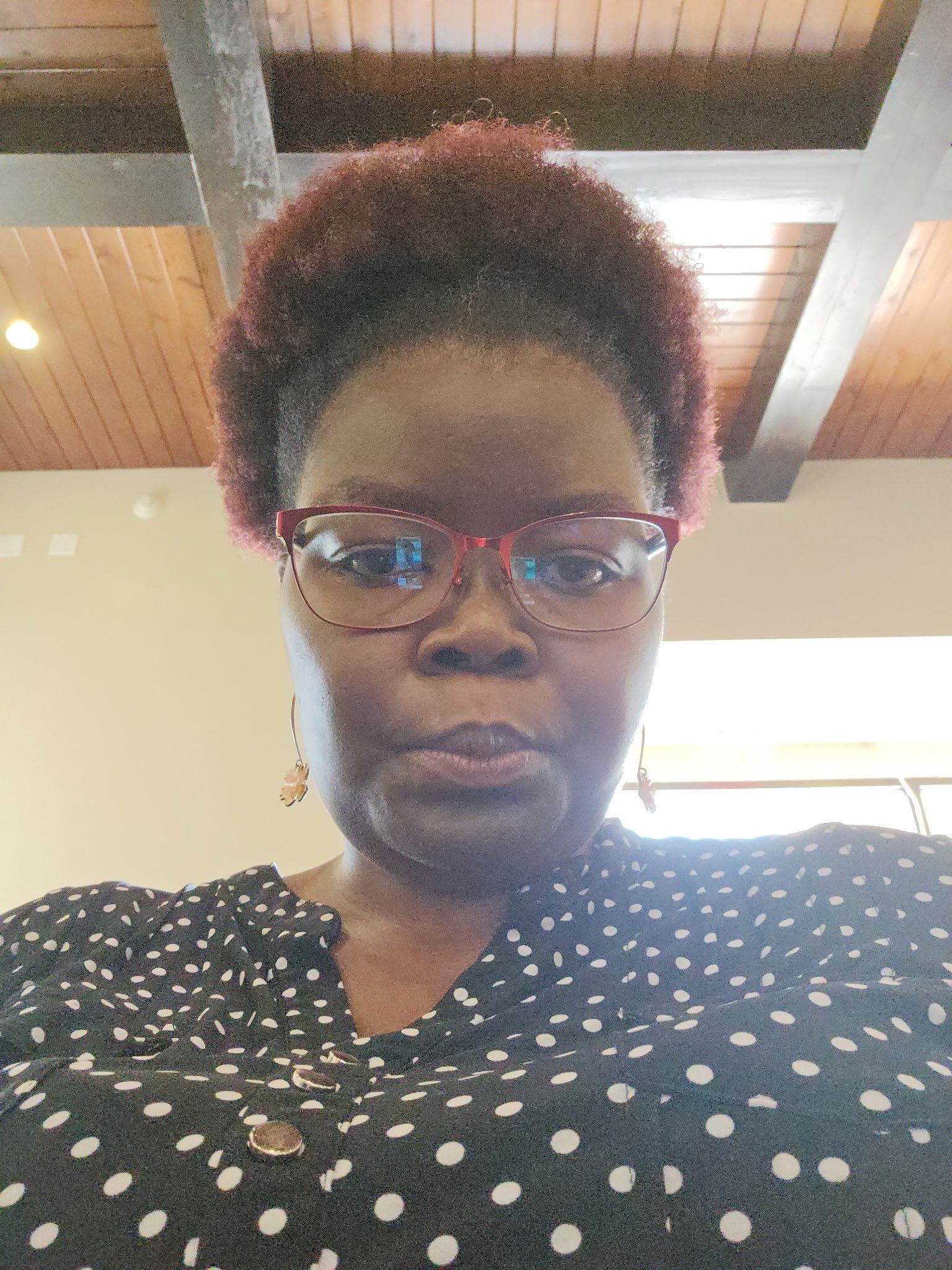 Woman with glasses and dark, curly hair, wearing a polka-dot blouse, looking at the camera.