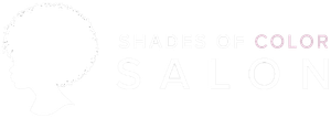 Logo for Shades of Color Salon, with a circular design element and text in white and muted pink.