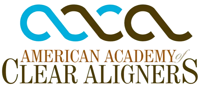 Logo for American Academy of Clear Aligners: blue and brown interlocking infinity symbols above text.