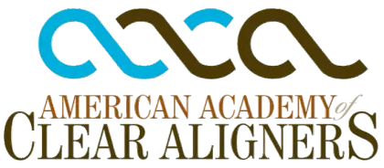 Logo for American Academy of Clear Aligners: blue and brown interlocking infinity symbols above text.