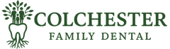 Colchester Family Dental logo: Tooth with roots and leaves, text in green.