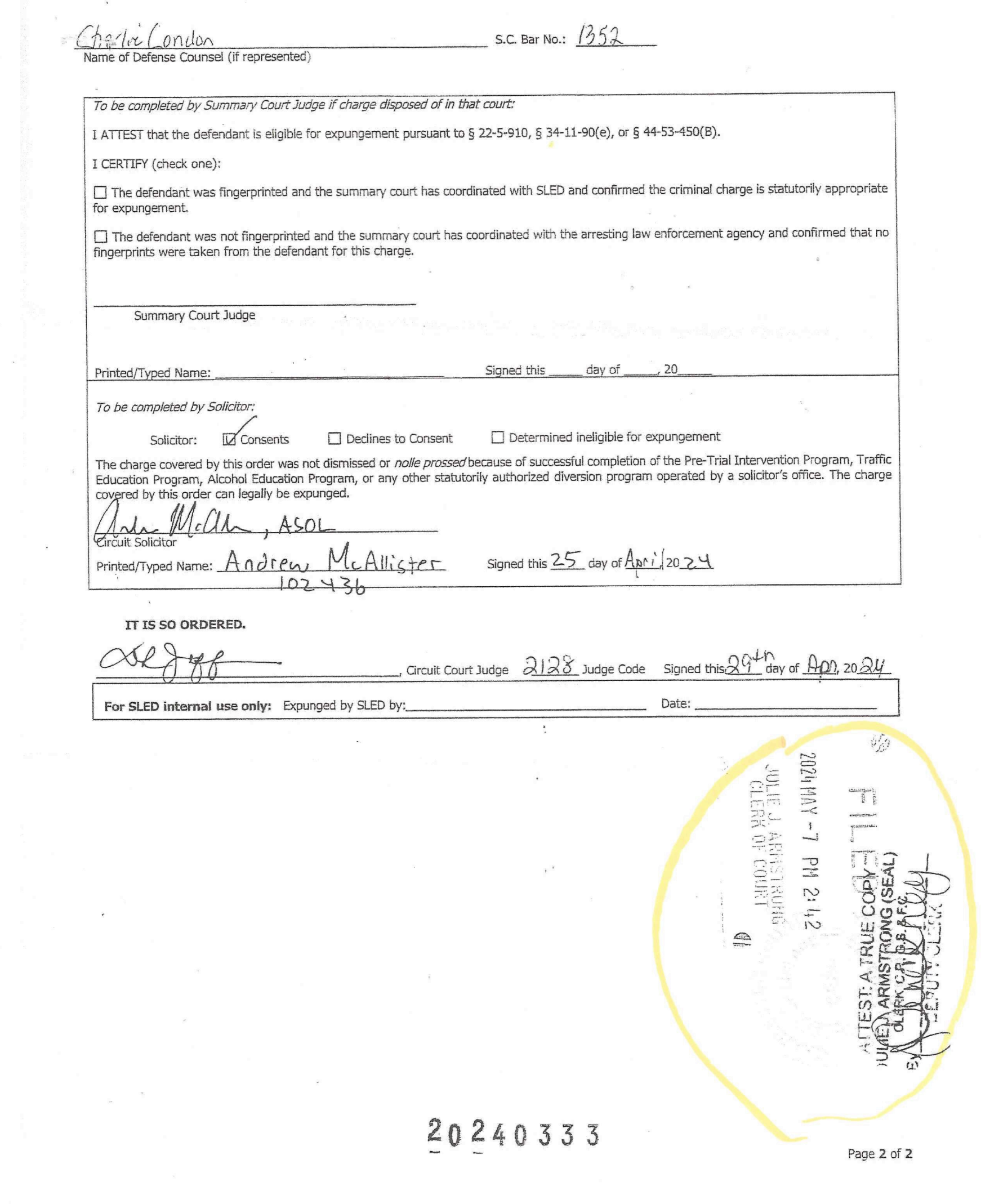 A partially filled legal document, with handwritten notes and a seal at the bottom, likely a government form.