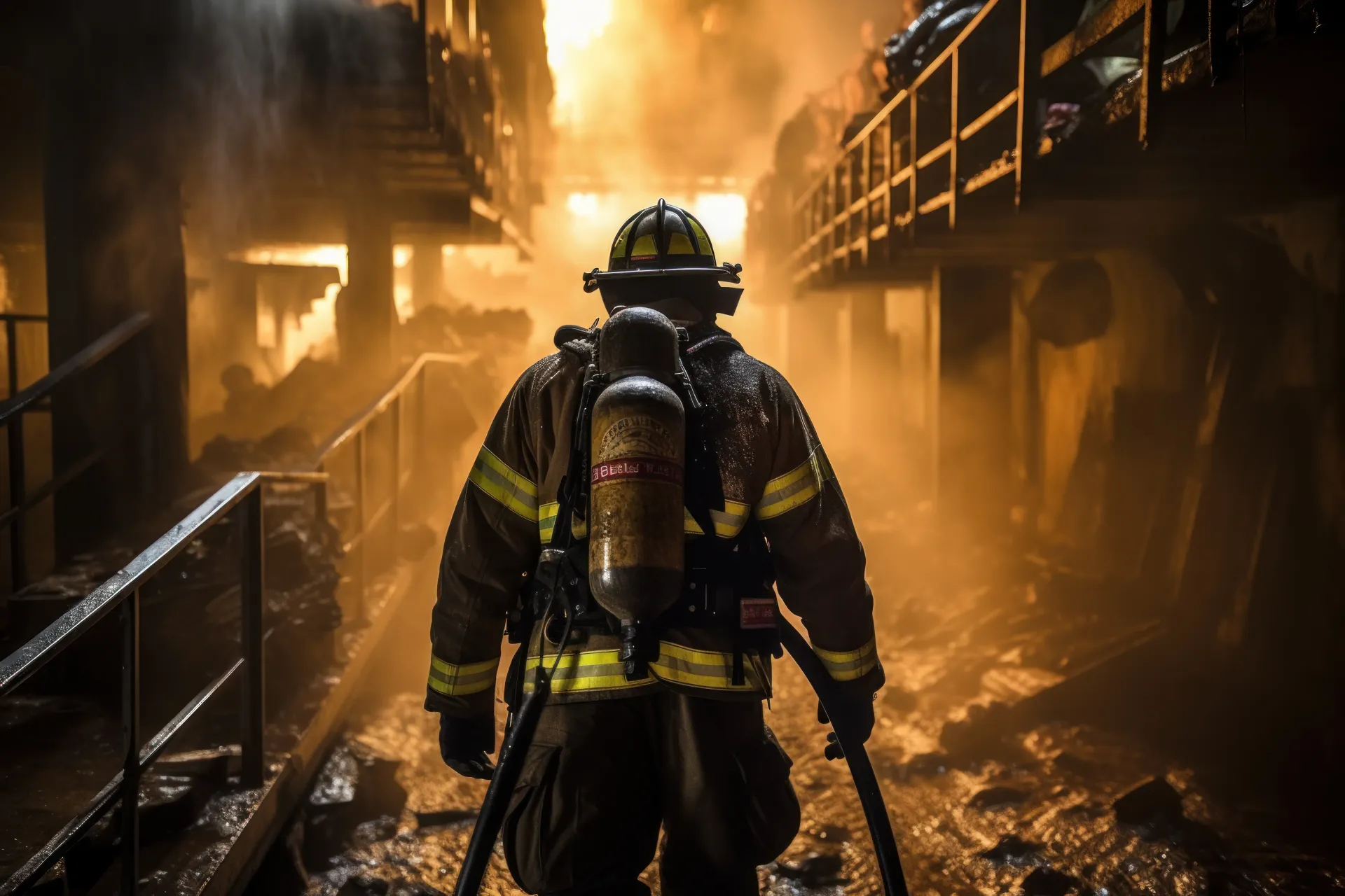 Firefighter in protective gear facing a blazing fire inside a building.