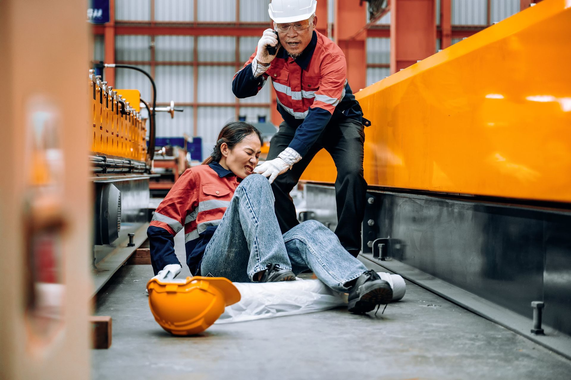 Worker helping injured colleague in industrial warehouse, with fallen hard hat nearby.