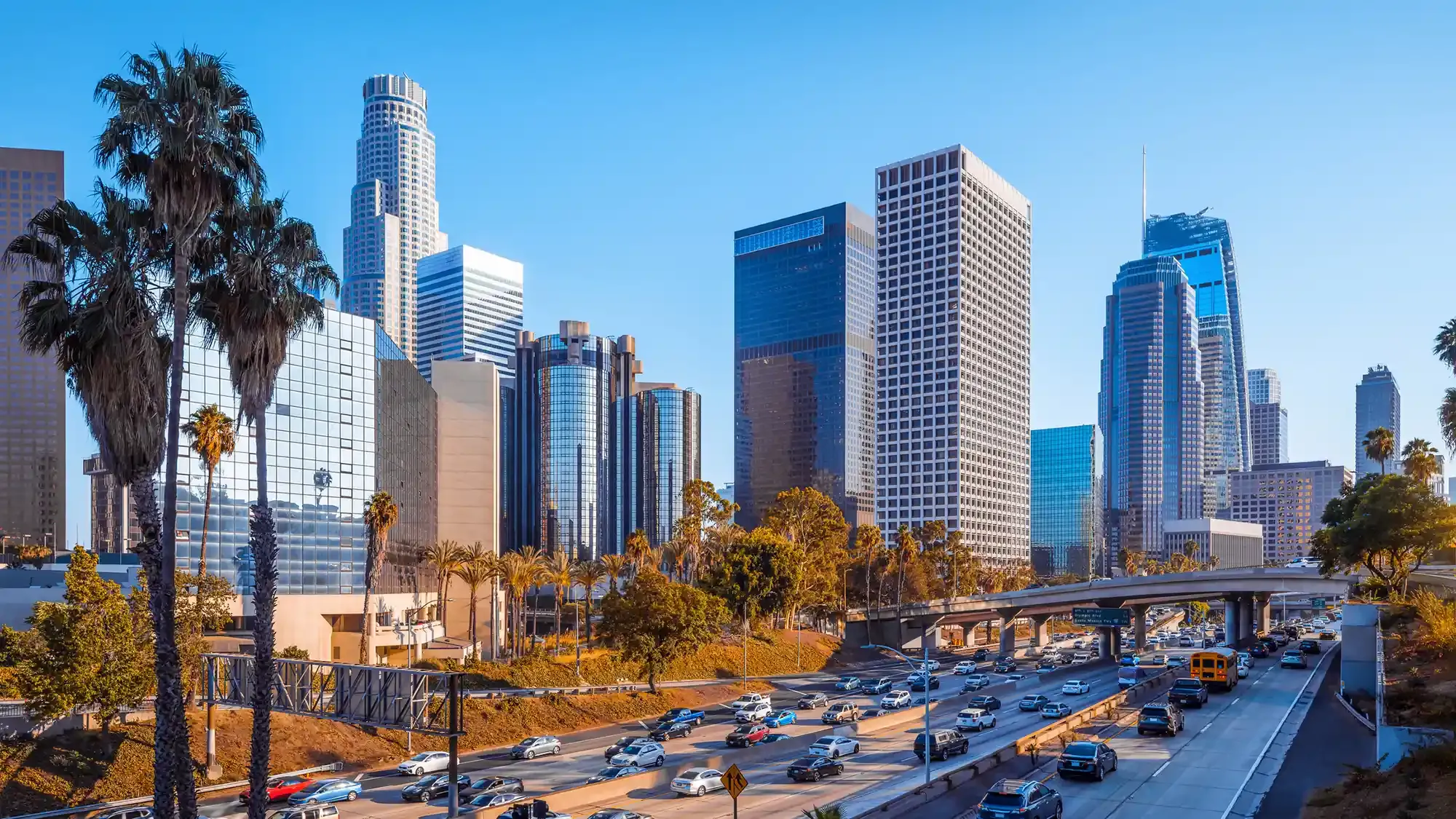 Downtown Los Angeles skyline with palm trees, a highway full of cars, and tall buildings under a blue sky.