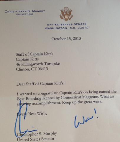 Letter from Congressman Christopher Murphy congratulating our business on Best Kennel in state