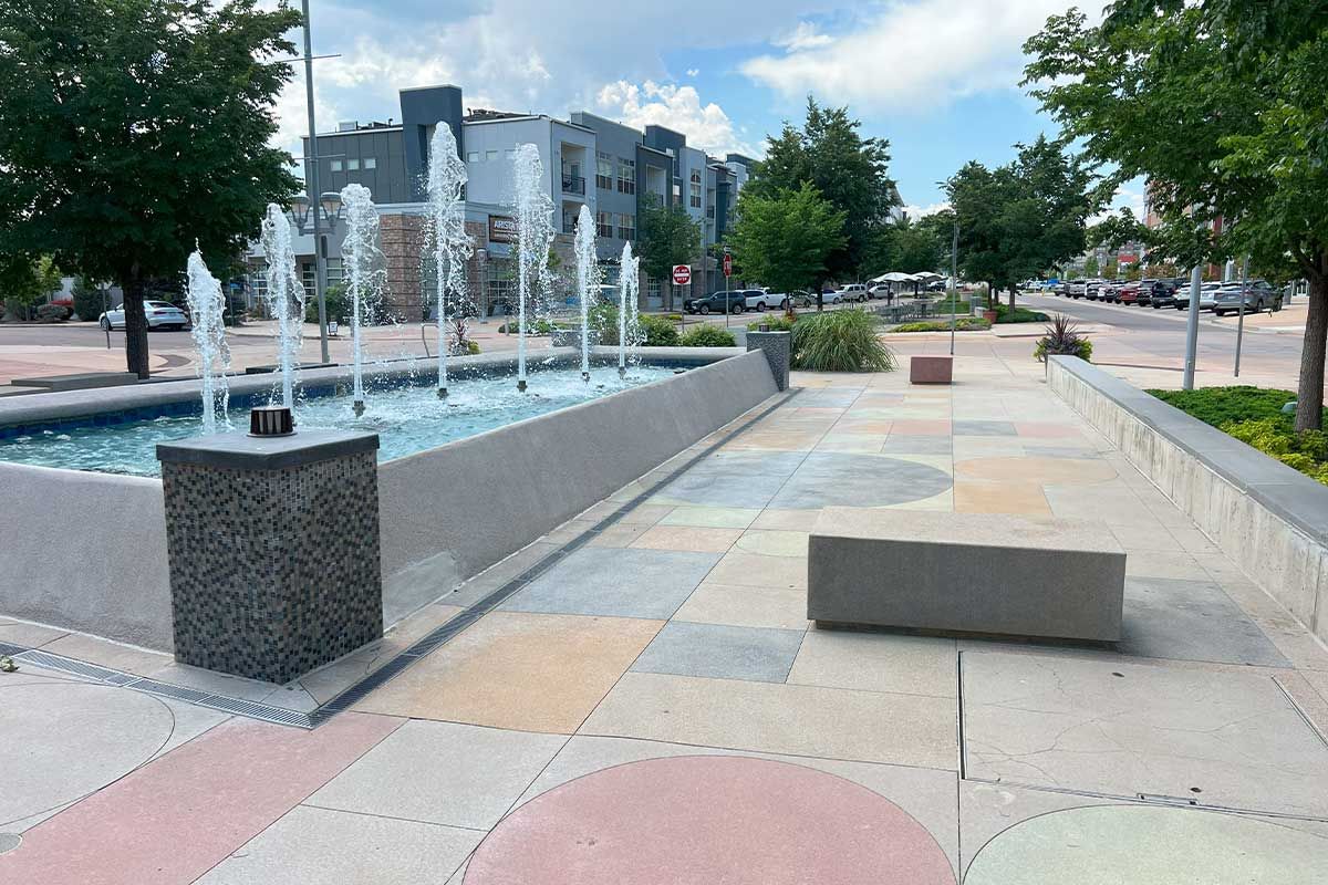 Stamped and colored concrete in a Colorado business courtyard.