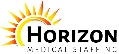 A logo for horizon medical staffing with a sun in the middle.