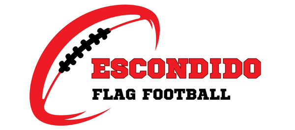 Escondido Flag Football logo: red football shape with black laces, and red "Escondido Flag Football" text.