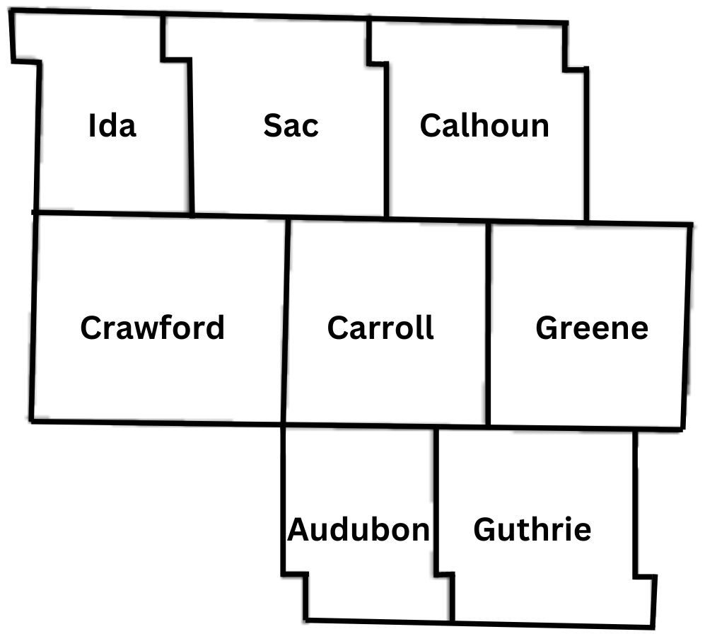 Map of eight counties in West Central Iowa including Ida, Sac, Calhoun, Crawford, Carroll, Greene, Audubon, Guthrie counties.