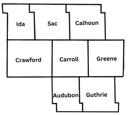 Map of eight counties in West Central Iowa