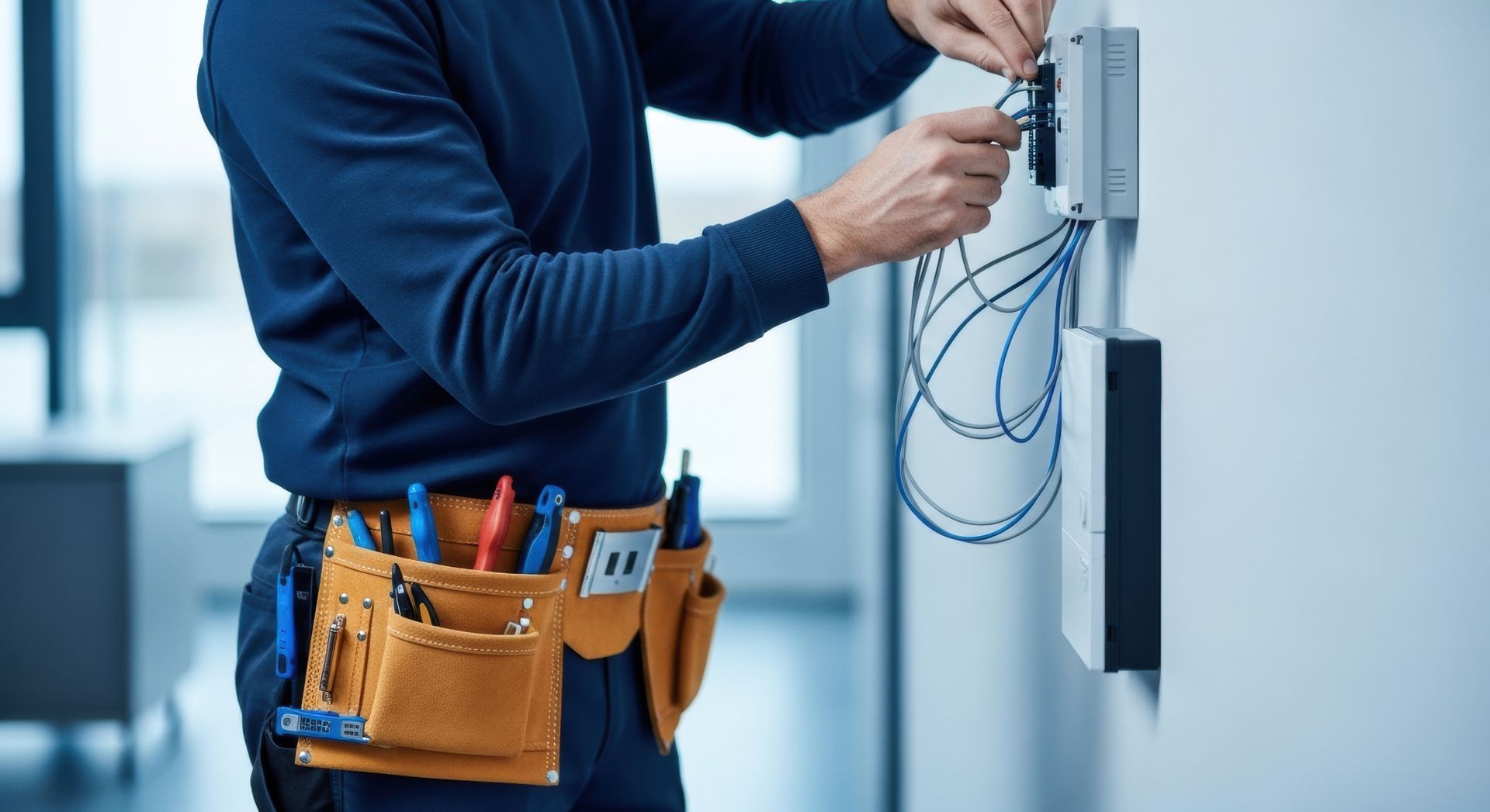 A technician wearing a tool belt works on electrical wiring connected to a wall-mounted panel.