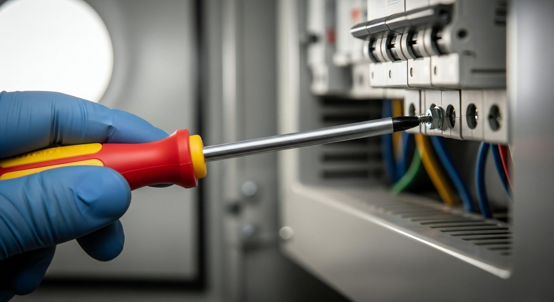 Electrician's hand using a screwdriver to adjust wiring in an electrical circuit breaker panel. Electrician's hand using a screwdriver to adjust wiring in an electrical circuit breaker panel.