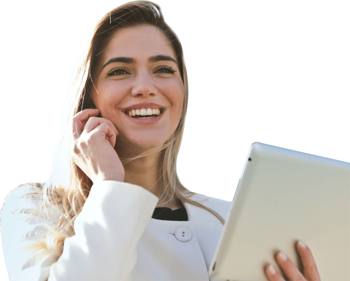 A woman is holding a tablet and talking on a cell phone.