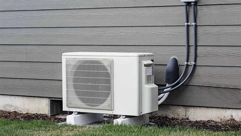 White air conditioning unit mounted on concrete pads outside a gray house; connected to tubing and w
