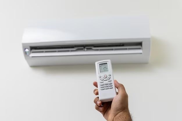 A hand holding a white remote, pointing it at a white wall-mounted air conditioner.