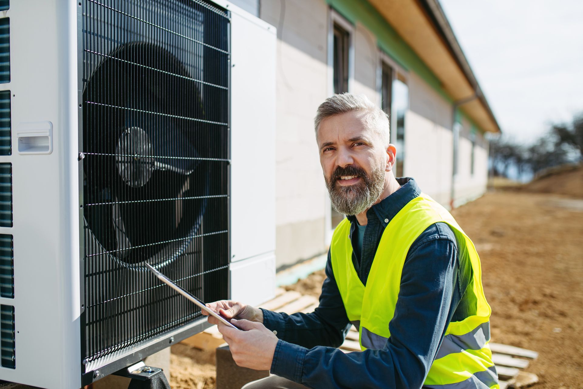 Technician inspecting outdoor heat pump unit during home installation. Technician inspecting outdoor heat pump unit during home installation.
