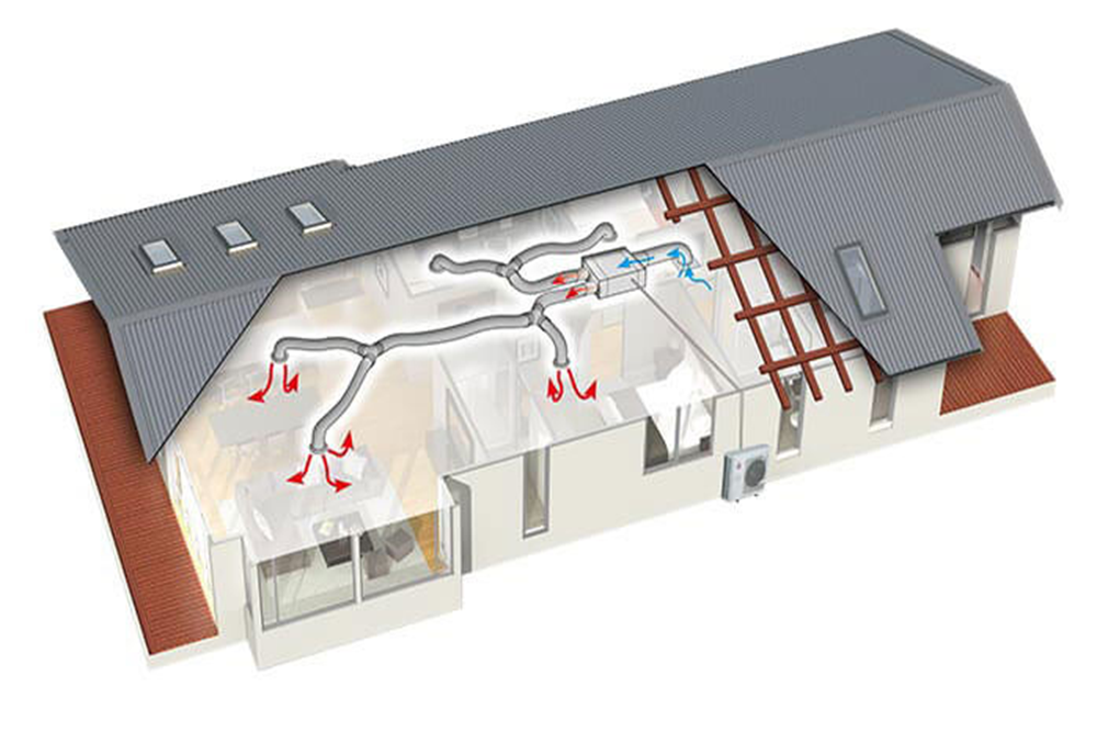 An aerial view of a house with a roof and a ventilation system.