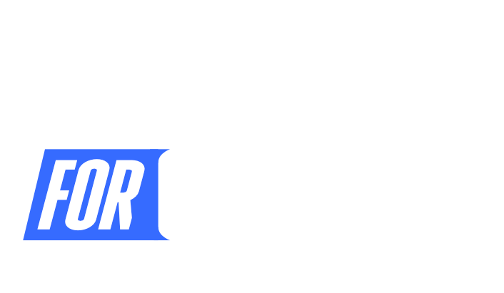 A blue and white logo on a white background that says `` for ''.