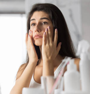 Woman looking at her face in a mirror, touching cheeks with both hands, appears concerned.