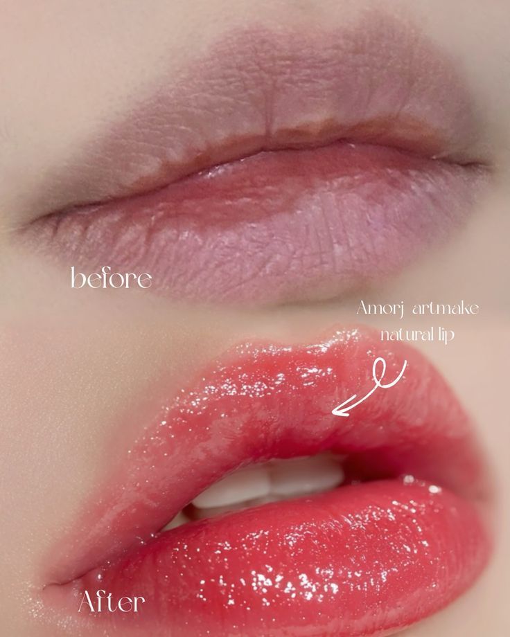 Comparison of lips: before, pale pink; after, glossy, vibrant red.