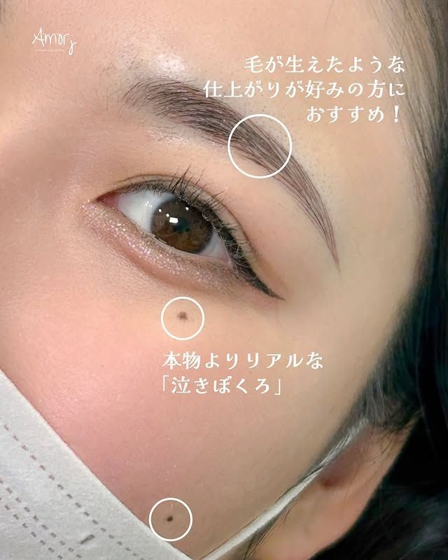 Close-up of a person's eye and face with enhanced eyebrows and two beauty marks. Text highlights the 