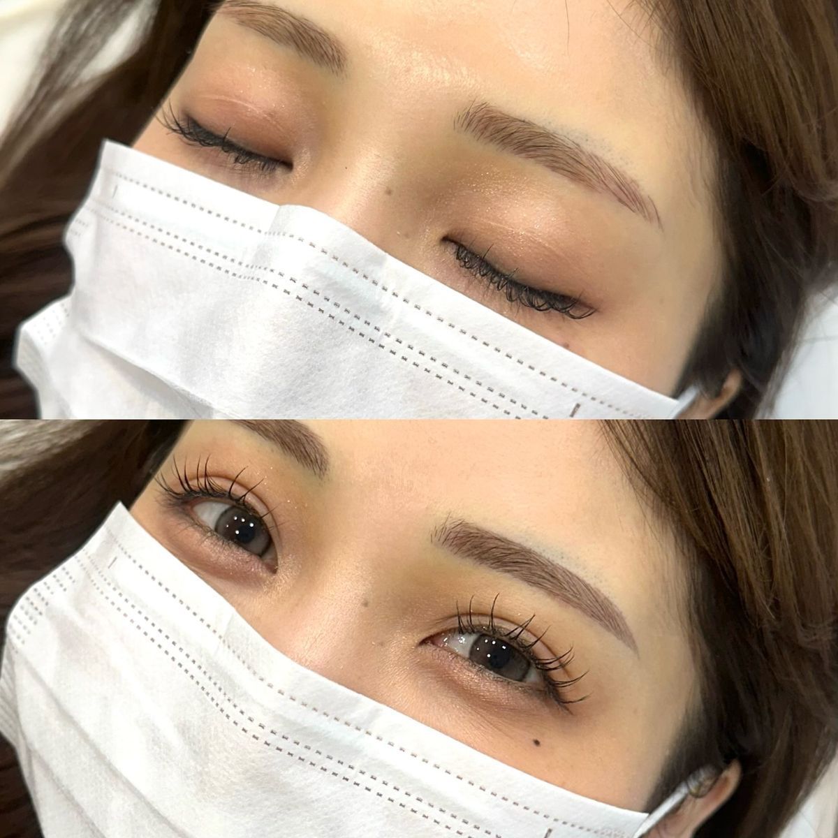 Two close-up photos of a person's eyes, one closed, one open, with enhanced eyebrows and eyelashes, wearing a mask.