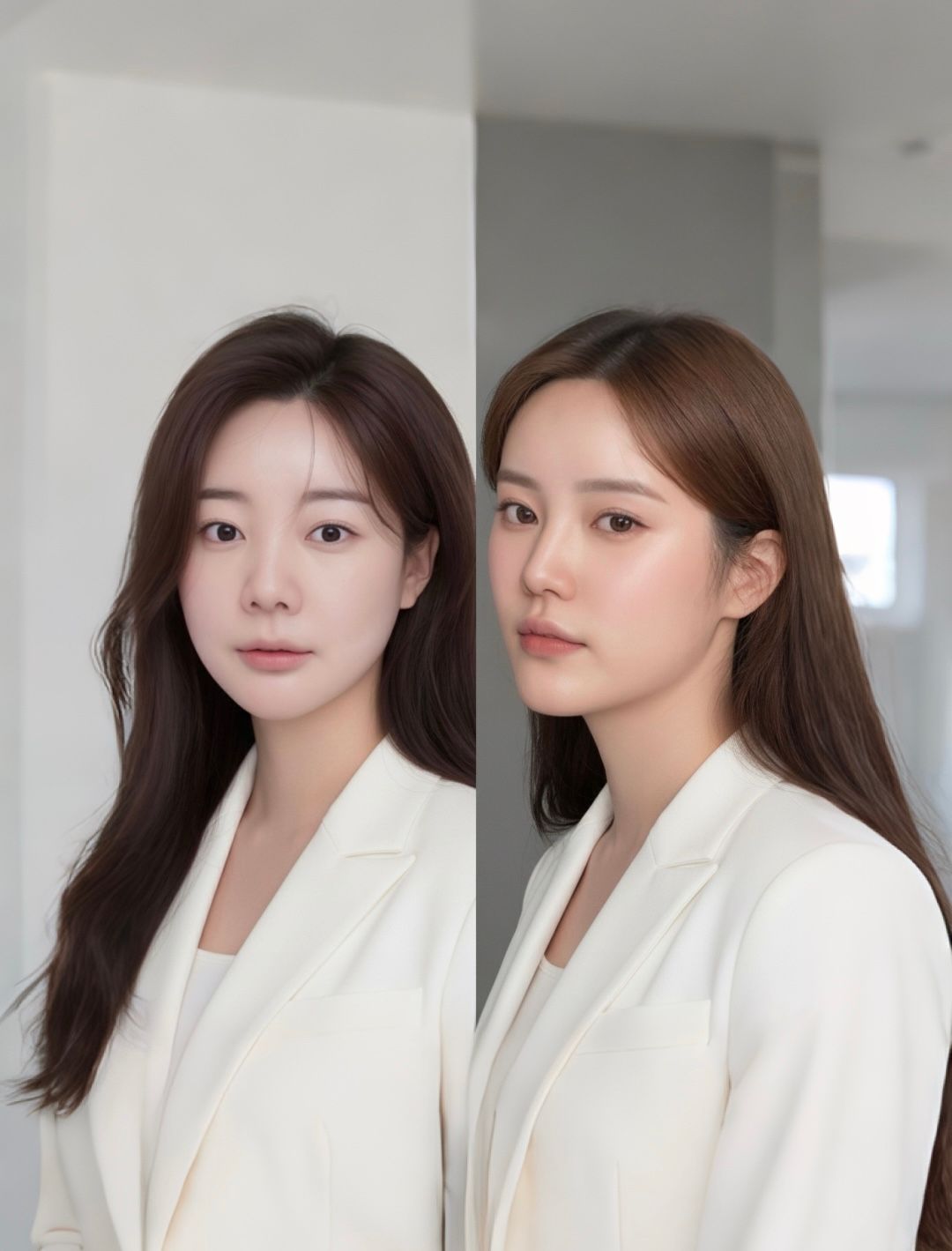 Two women in white blazers and shirts, with dark hair, looking towards the camera.