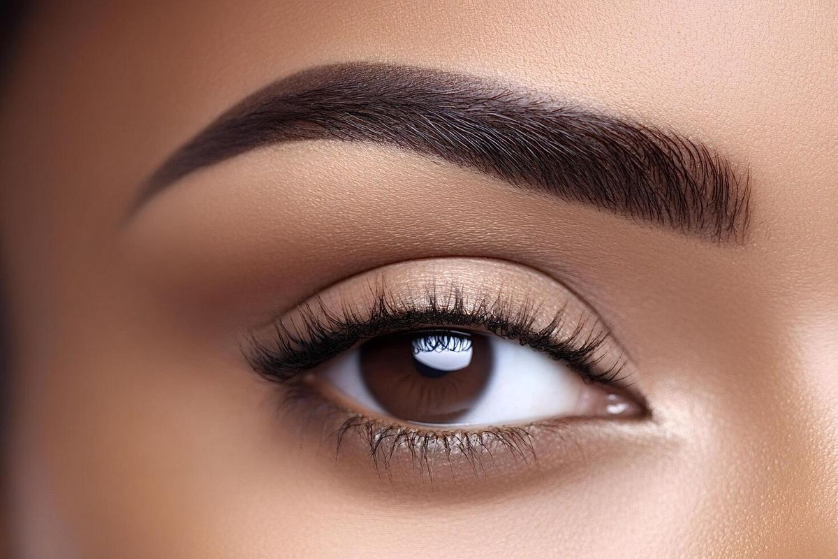 Close-up of brown eye with long lashes and dark, arched eyebrow. Soft, tan skin.