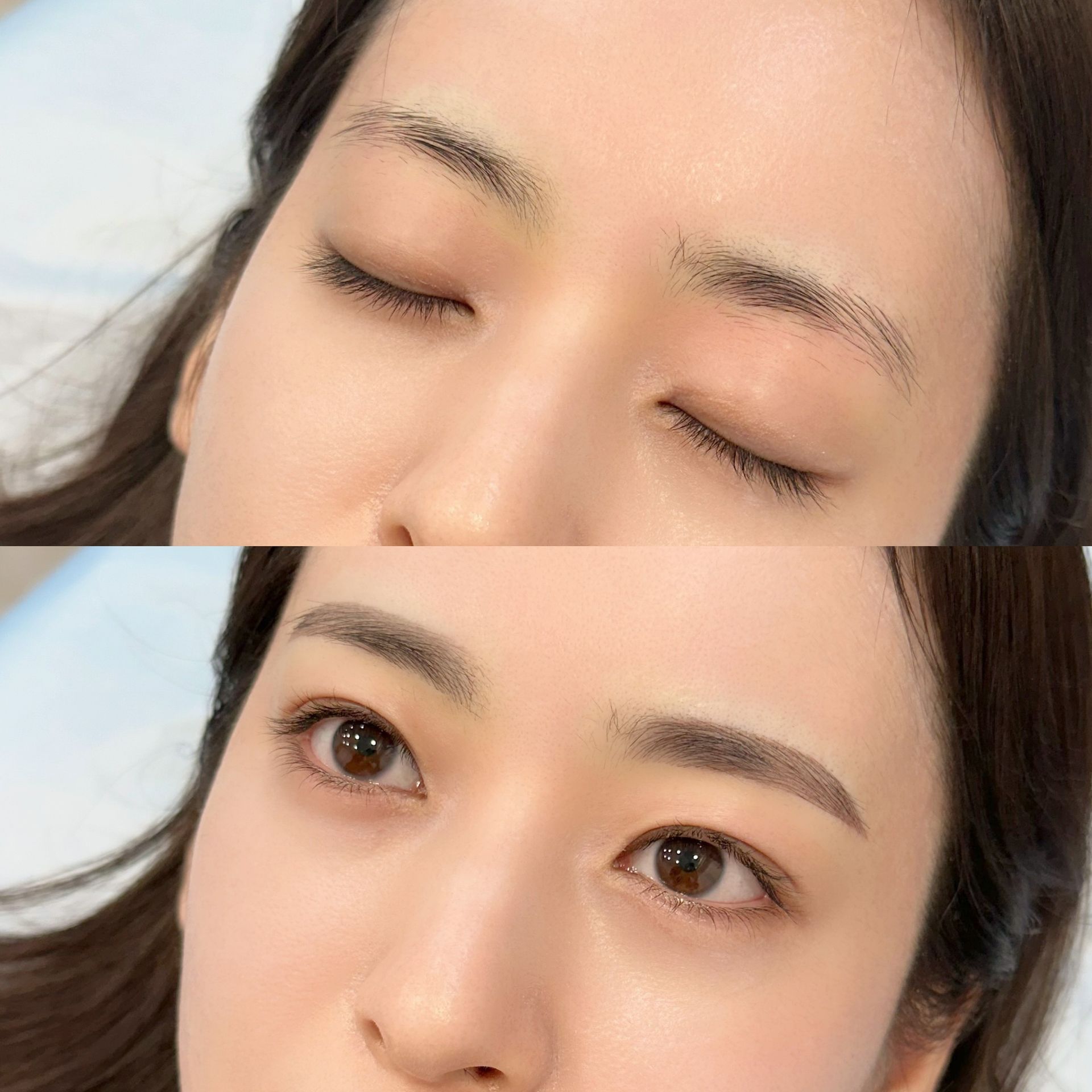 Eyebrow makeover comparison. Before: sparse, light brows. After: filled, defined, darker brows; eyes open.