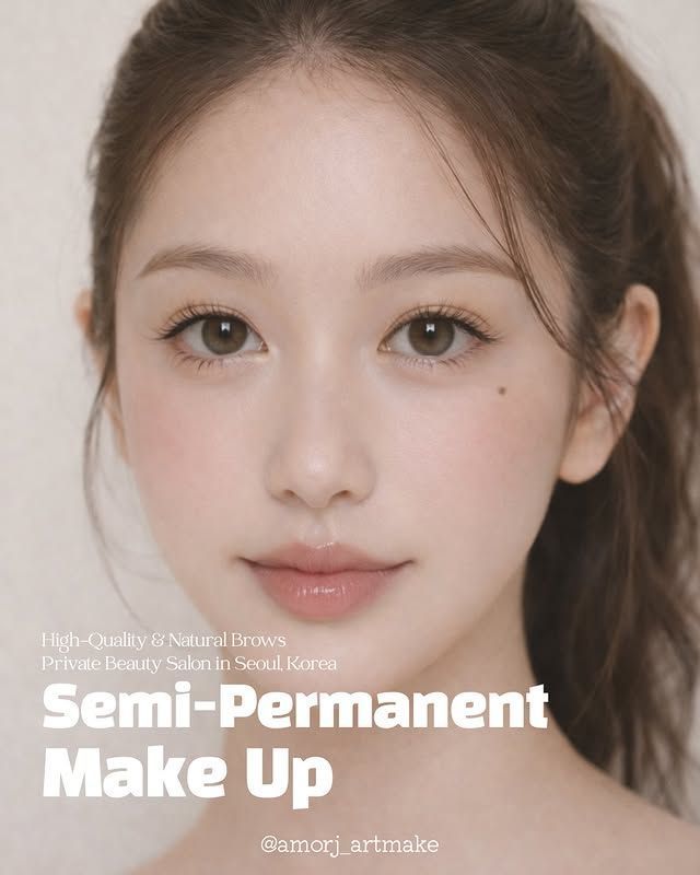 Close-up of a person with semi-permanent makeup in neutral tones, promoting a Seoul beauty salon.