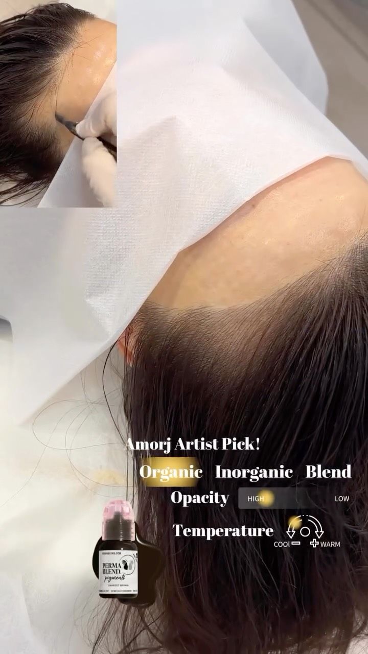 Person receiving a cosmetic procedure on their hairline, with product bottle visible.