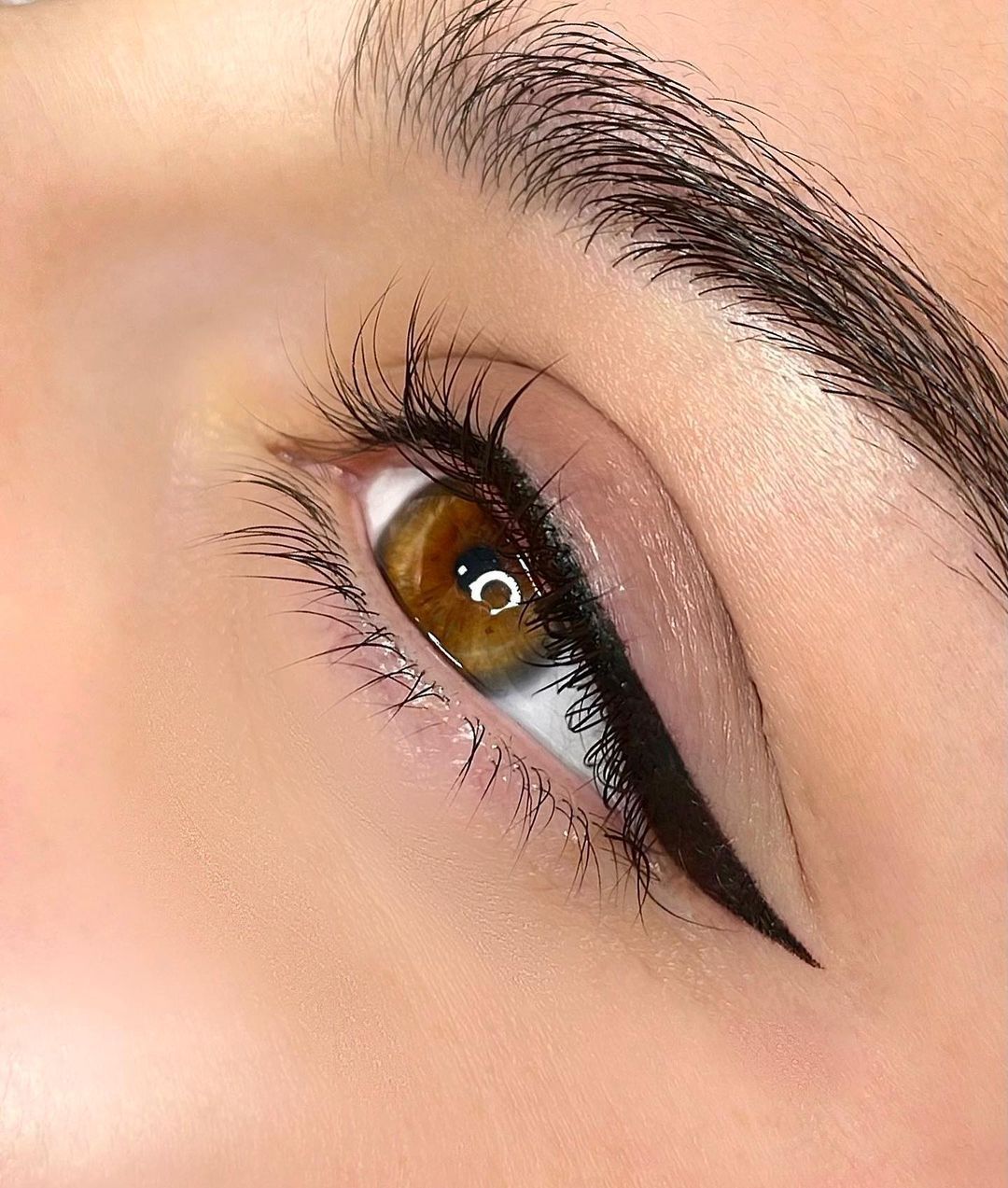 Close-up of an eye with winged eyeliner and long eyelashes. Brown eye with light brown eyelid and angled liner.