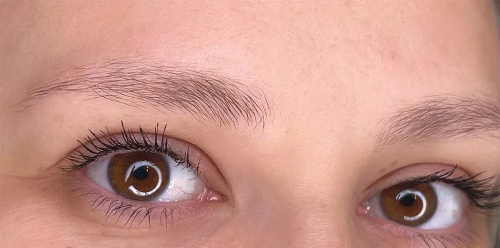 Close-up of brown eyes with dark mascara, light brown eyebrows, and fair skin.