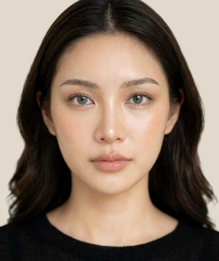 Two eye photos, top closed, bottom open. Eyebrows look fuller in the bottom image, person wearing a face mask.